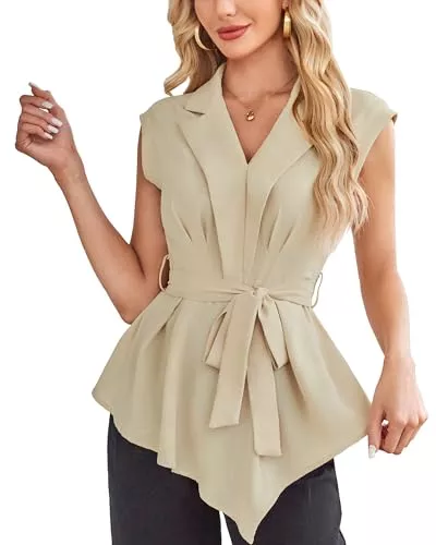 GRACE KARIN Kurzarmblusen GRACE KARIN 2024 elegante Freizeit-Tops für Damen, Sommer, Flügelärmel, V-Ausschnitt, Schößchen, Arbeitsblusen, aprikose, 38