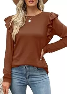 Tanmolo Langarmblusen Tanmolo Langarmshirt Oberteile Damen Rüschen lässig Top mit Rundhals Tunika Langarm Bluse Shirts