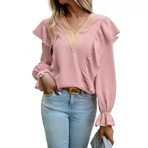 Atxnn Langarmblusen Atxnn Damen Bluse Langarmshirt Böhmen Flowy V-Ausschnitt Oberteile Super bequemer Stoff Elegant Tops Einfarbig Lässige Hemdbluse