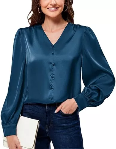 JASAMBAC Langarmblusen JASAMBAC Satin Bluse Damen Oberteile Langarm Bluse Mit Dekorativen KnöPfen V-Ausschnitt Festliche Blusen Elegant Satin Shirt Retro Hemdbluse Seiden Business Outfit Party Oberteile Arbeitshemd