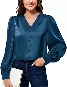 JASAMBAC Langarmblusen JASAMBAC Satin Bluse Damen Oberteile Langarm Bluse Mit Dekorativen KnöPfen V-Ausschnitt Festliche Blusen Elegant Satin Shirt Retro Hemdbluse Seiden Business Outfit Party Oberteile Arbeitshemd