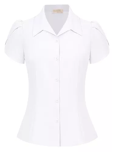 Belle Poque Hemdblusen Belle Poque Damen Sommer Bluse Kurzarm Oberteile Knopleiste Reverskragen Slim Fit Tops Freizeit Büro