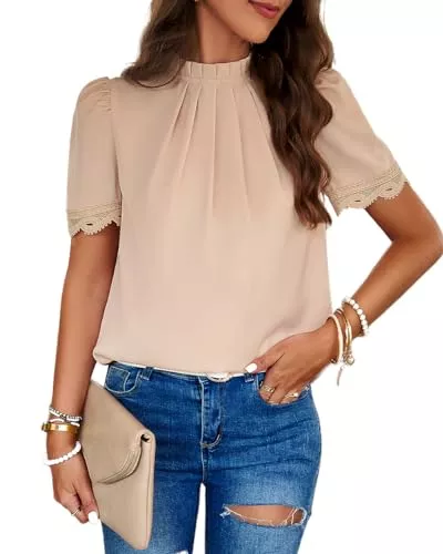 YUTILA Kurzarmblusen YUTILA Damen Kurze Ärmel Stehkragen Blusen Plissierte Chiffon Blusenshirt Elegant Casual Business Streetwear Tunika Oberteile