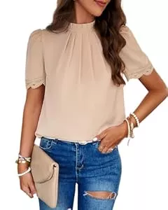 YUTILA Kurzarmblusen YUTILA Damen Kurze Ärmel Stehkragen Blusen Plissierte Chiffon Blusenshirt Elegant Casual Business Streetwear Tunika Oberteile