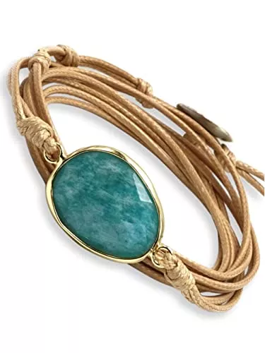 BENAVA Schmuck BENAVA Damen Wickelarmband mit Amazonit Stein Anhänger | Yoga Armband Schmuck Edelstein Türkis Beige Silber | Meditation Boho Damenarmband