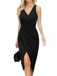 Missufe Cocktail Missufe Damen Cocktailkleid V-Ausschnitt Wickelkleid Ärmellos Partykleid Schlitz Midikleid Hochzeit Abendkleider