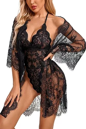 Avidlove Unterwäsche & Dessous Avidlove Damen Sexy Dessous Set 2 Stück Spitze Kimono Robe mit Spitze Teddy Dessous Body