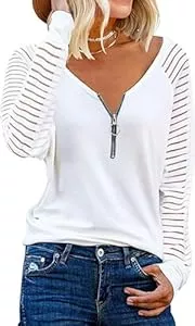 Teesho Langarmblusen Teesho Tshirt Damen V Ausschnitt Casual Oberteile Elegant Streifen Mesh Bluse Baumwolle Shirt Tops Tunika