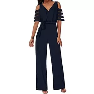 Generic Jumpsuits Jumpsuit Damen Elegant Festlich Jumpsuits FüR Damen Sommer V-Ausschnitt Glitzer-Pailletten-Strampler Kurzarm Lange Overall Elegant Business Hosenanzug Weites Bein Playsuit Romper FüR Hochzeit