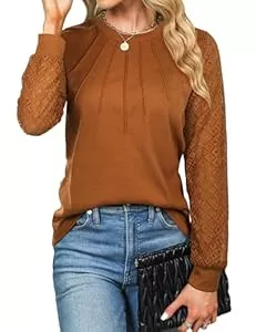 Cuptacc Langarmshirts Cuptacc Langarmshirt Damen Long Sleeve Mit Spitze 2024 Waffelstrick Top Rundhals Plissierte Casual Herbst Tshirt Elegant