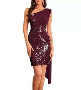 GRACE KARIN Cocktail GRACE KARIN Damen EIN-Schulter Abendkleider Elegant Wickelkleid Party Pailletten Midi-Kleid