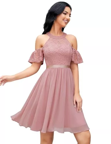 Berylove Cocktail Berylove Cocktailkleid Damen Elegant Für Hochzeit Neckholder Jugendweihe Kleid Festlich Damen Chiffon Kleid Brautkleid Ballkleid Abendkleid Kurz