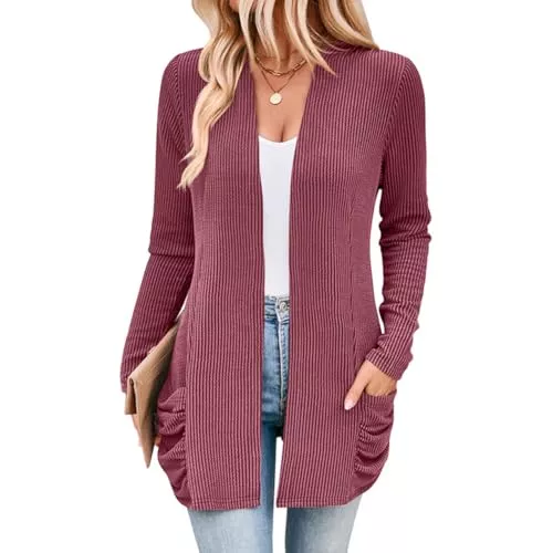 YUTILA Strickjacken YUTILA Damen Strickjacken Vorne Offen Langarm Gerippt Cardigan Gestrickt Elegant Lässig mit Taschen