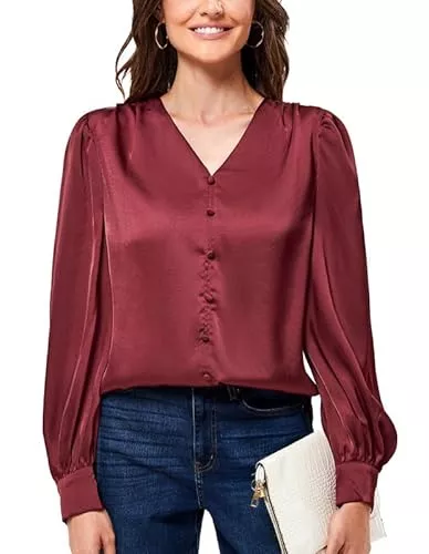JASAMBAC Langarmblusen JASAMBAC Satin Bluse Damen Oberteile Langarm Bluse Mit Dekorativen KnöPfen V-Ausschnitt Festliche Blusen Elegant Satin Shirt Retro Hemdbluse Seiden Business Outfit Party Oberteile Arbeitshemd
