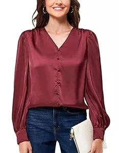 JASAMBAC Langarmblusen JASAMBAC Satin Bluse Damen Oberteile Langarm Bluse Mit Dekorativen KnöPfen V-Ausschnitt Festliche Blusen Elegant Satin Shirt Retro Hemdbluse Seiden Business Outfit Party Oberteile Arbeitshemd