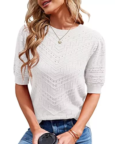 Runcati Pullover & Strickmode Runcati Damen Kurzarm Strickpullover Casual Rundhals Puffärmel Elegante Einfarbige Sweateshirt Pullover