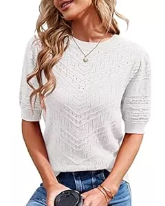 Runcati Pullover & Strickmode Runcati Damen Kurzarm Strickpullover Casual Rundhals Puffärmel Elegante Einfarbige Sweateshirt Pullover