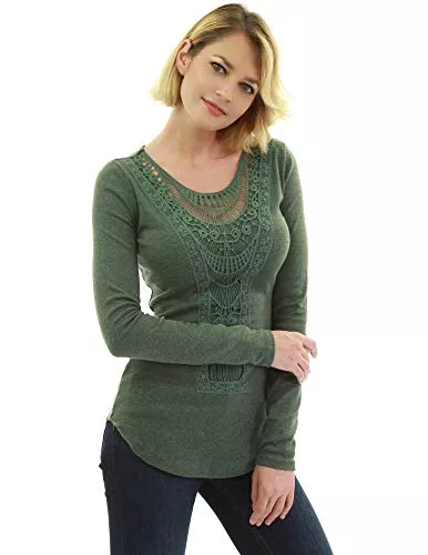 AmélieBoutik Langarmblusen AmélieBoutik Frauen Baumwollmischung Häkelspitze Inset Curved Hem Bluse
