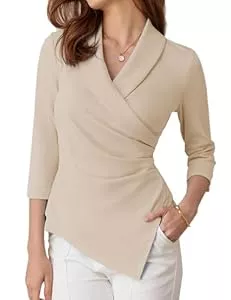 GRACE KARIN Langarmblusen GRACE KARIN Bluse Damen 3/4 Ärmel V-Ausschnitt Wickelbluse Elegant Oberteile Business Outfit Damen Herbst Tops