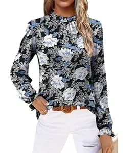 RUBZOOF Langarmblusen RUBZOOF Damen Rüschen Mock Neck Tops Langarm Floral Solid Dressy Casual 2023 Herbst Mode Blusen Shirts