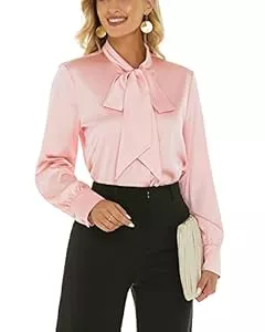 ANNA&amp;CHRIS Langarmblusen Escalier Damen Seidenbluse Schleife Ausschnitt Langarm Satin Button Down Hemd Casual Büro Bluse Top