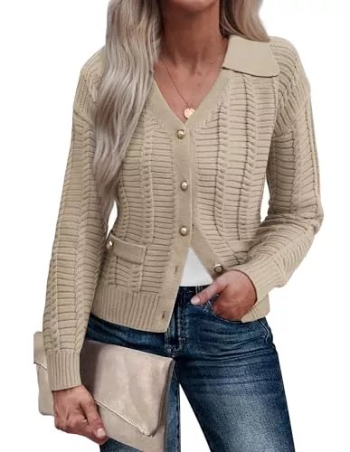 GRACE KARIN Strickjacken GRACE KARIN Damen Strickjacke Reverskragen V-Ausschnitt Langarm Herbst Klobiger Elastischer Lässiges Büro Knopfpullover