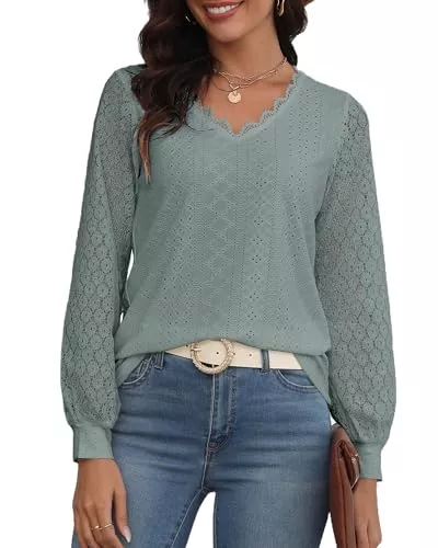 Hount Langarmblusen Hount Bluse Damen Spitzen Oberteile Elegant V Ausschnitt Blusen Tunika Laternenärmeln Locker Langarmshirt