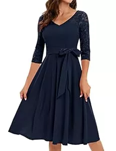 Bbonlinedress Cocktail Bbonlinedress Rockabilly Kleider Damen 3/4 arm V-Ausschnitt Midi Langarm Festliche Kleider für Hochzeit Vintage Cocktailkleid