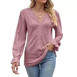 Atxnn Langarmblusen Atxnn Damen Bluse Langarmshirt Oberteile Elegant Pullover V-Ausschnitt Tunika Lässige Puffärmel Blusenshirt Basic Tops