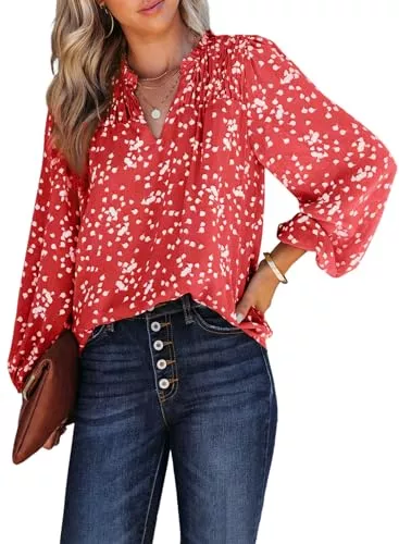 Dokotoo Langarmblusen Dokotoo Damen Bluse Elegant V-Ausschnitt Chiffonbluse Blumen Langarm Locker Oberteile Tunika Tops S-XXL