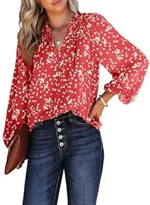 Dokotoo Langarmblusen Dokotoo Damen Bluse Elegant V-Ausschnitt Chiffonbluse Blumen Langarm Locker Oberteile Tunika Tops S-XXL