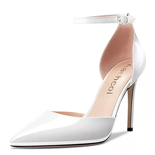 Aachcol High Heels Aachcol Damen Stiletto Hoher High Absatz Heel Pumps Knöchelriemen Two-Piece Spitze Zehenkappe Dress Schuhe Büroschuhe Party Hochzeit Lackleder 10 cm
