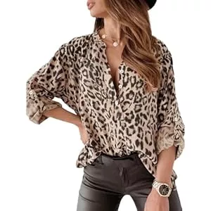 Bcenoilua Langarmblusen Bluse Damen V-Ausschnitt 3/4 Ärmel Button Tunika Lässig Elegant Leoprint Luftig Dünner Fashion Basic Streetwear Oberteil Hemd