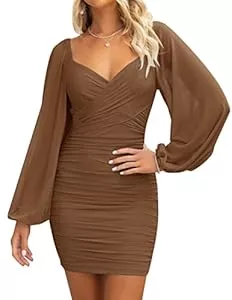 ZESICA Party ZESICA Damen Sexy V-Ausschnitt Gerafft Bodycon Minikleid Puff Langarm Cocktail Hochzeit Party Kurze Kleider