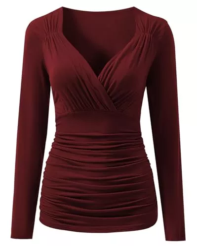 YUTILA Langarmblusen YUTILA Damen Langarm Bluse Elegant Plissee Slim Fit V-Ausschnitt Wickelbluse Oberteil