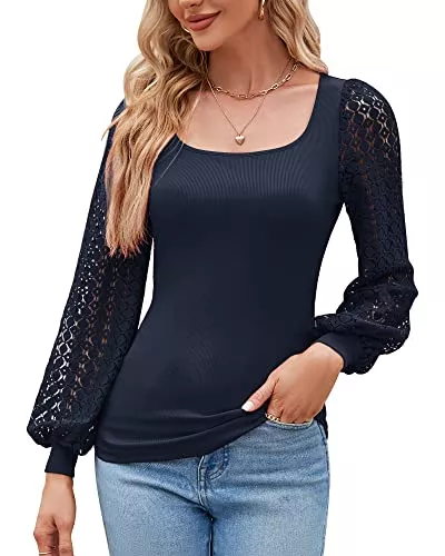 Bequemer Laden Langarmblusen Damen Mesh Puffy Langarm Eckigem Ausschnitt Bluse Sexy Bodycon T-Shirt Oberteile Top Sommer Frühling 2023
