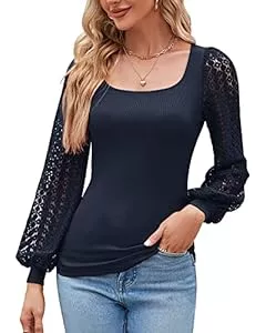 Bequemer Laden Langarmblusen Damen Mesh Puffy Langarm Eckigem Ausschnitt Bluse Sexy Bodycon T-Shirt Oberteile Top Sommer Frühling 2023