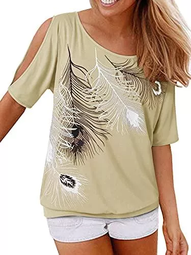 YOINS Kurzarmblusen YOINS T-Shirts Damen Kurzarm Sommer Top Schulterfrei Oberteil Damen Off Shoulder Carmen Shirt Feder