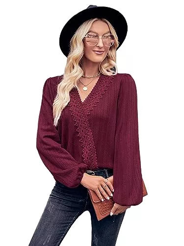 Kuukaas Langarmblusen Kuukaas Damen Oberteile V Ausschnitt Bluse Damen V Ausschnitt Langarm Spitzen Elegant Einfarbig Tunika