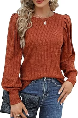 Hotouch Pullover & Strickmode Hotouch Pullover Damen Elegant Rundhals Langarm Strickpullover Gestrickte Puffärmel Oberteile Herbst Dünne Pulli Casual Einfarbig Leicht Bluse