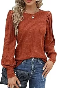 Hotouch Pullover & Strickmode Hotouch Pullover Damen Elegant Rundhals Langarm Strickpullover Gestrickte Puffärmel Oberteile Herbst Dünne Pulli Casual Einfarbig Leicht Bluse