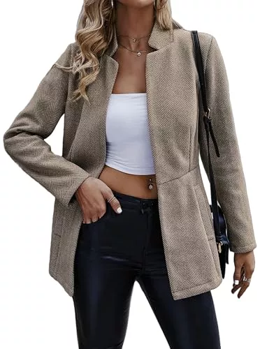 Jhsnjnr Blazer Jhsnjnr Damen Offen Vorne Elegant Blazer Langarm Stehkragen Wärmen Long Sakko Mantel Business Tweed Anzug Jacke