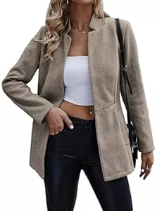 Jhsnjnr Blazer Jhsnjnr Damen Offen Vorne Elegant Blazer Langarm Stehkragen Wärmen Long Sakko Mantel Business Tweed Anzug Jacke