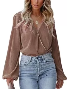 CUPSHE Langarmblusen CUPSHE Damen Blusen V Ausschnitt Wickeloptik Langarm Plissee Falten Tunika Langarmshirt Oberteile Tops