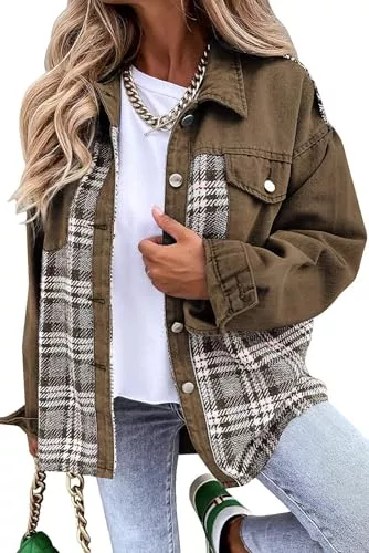 Placitiume Jacken Damen Button Down Denim Jacken für Frauen Mode Langarm Plaid Shacket Jacke