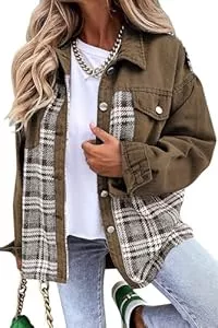 Placitiume Jacken Damen Button Down Denim Jacken für Frauen Mode Langarm Plaid Shacket Jacke