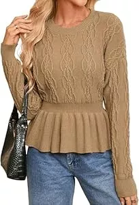 Kate Kasin Pullover & Strickmode Kate Kasin Damen Strickpullover Langarm Rundhals Sweateshirt Tunika Oberteile Rüsche am Saum Pullover mit Zopfmuster Strickpullover mit Taille