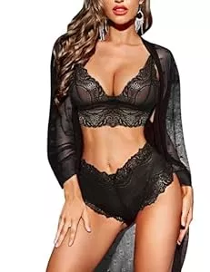 RSLOVE Unterwäsche & Dessous RSLOVE Sexy Dessous Set für Damen 3 teilig Spitzen Kimono mit BH und Höschen