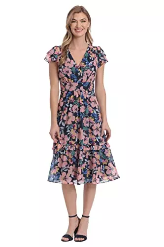 London Times Cocktail London Times Damen Doppel Flatterärmel Surplice Stufig Midi Kleid