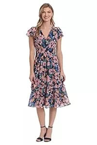 London Times Cocktail London Times Damen Doppel Flatterärmel Surplice Stufig Midi Kleid